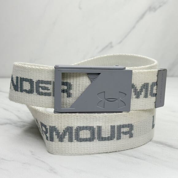Mens Under Armour White Silver Spell Out Web Belt Small ✨ - Picture 1 of 11